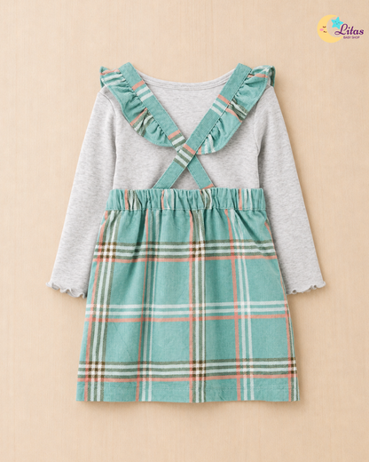 👗 Original Carter’s Baby Girl 3-Piece Dress Set with Tights – Teal Plaid