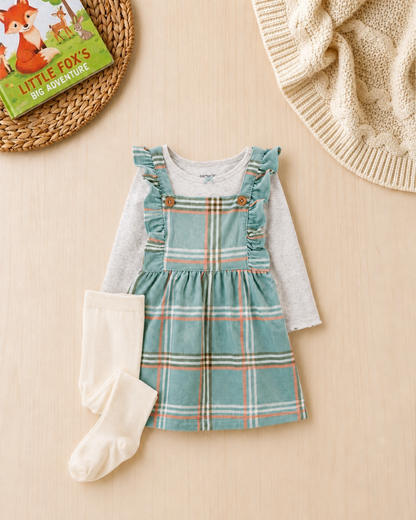 👗Original Carter’s Baby Girl 3-Piece Plaid Corduroy Dress Set – Teal & Heather Grey