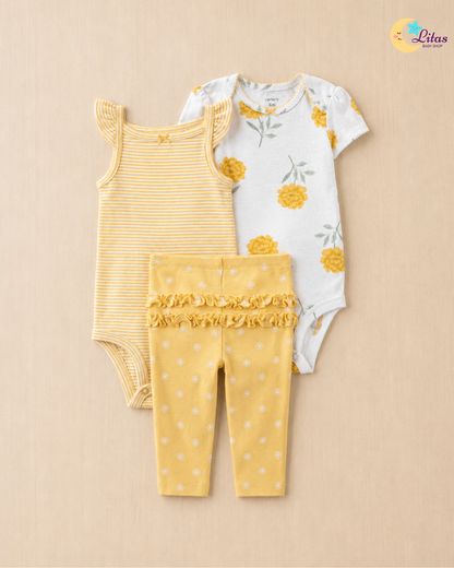 🌻 Carter’s Baby Girl 3-Piece "Golden Garden" Set – Yellow & Ivory