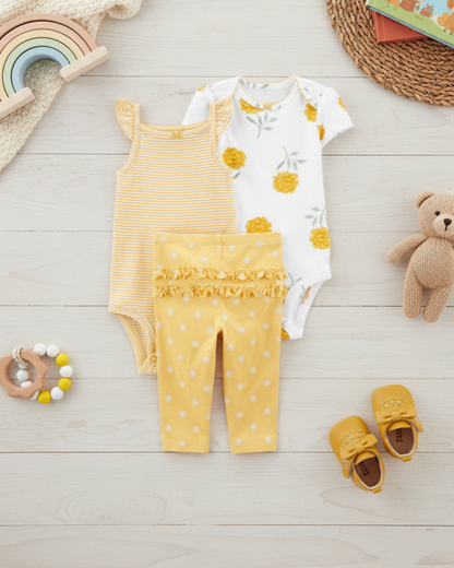 🌻 Carter’s Baby Girl 3-Piece "Golden Garden" Set – Yellow & Ivory