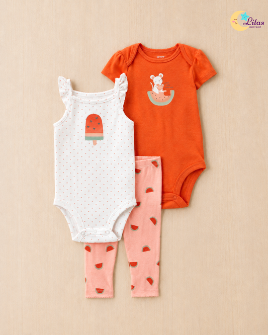 🍉 Carter’s Baby Girl 3-Piece Sleeveless & Short-Sleeve Bodysuits & Leggings Set – Watermelon