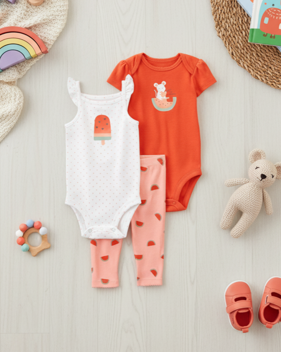 🍉 Carter’s Baby Girl 3-Piece "Sweet Watermelon" Set – Coral & Pink