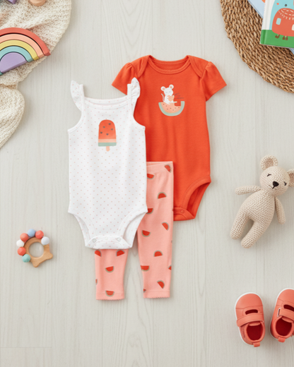 🍉 Carter’s Baby Girl 3-Piece "Sweet Watermelon" Set – Coral & Pink