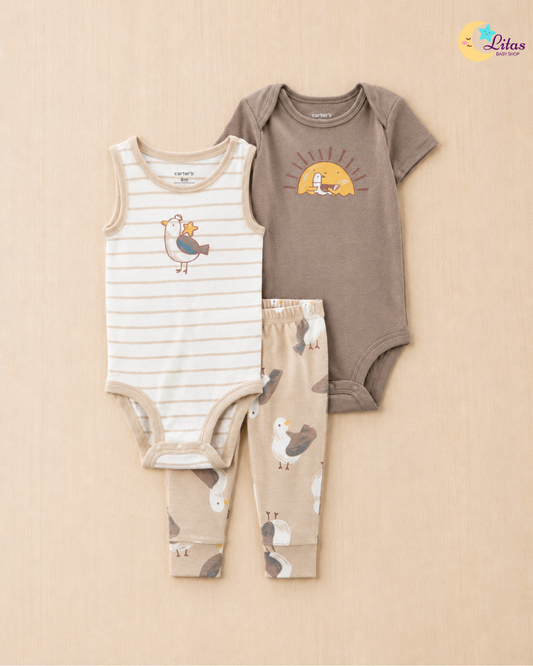 ☀️ Carter’s Baby Boy 3-Piece "Sun & Seagull" Set – Sand & Driftwood
