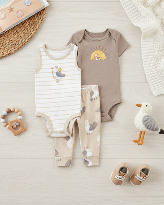 ☀️ Carter’s Baby Boy 3-Piece "Sun & Seagull" Set – Sand & Driftwood