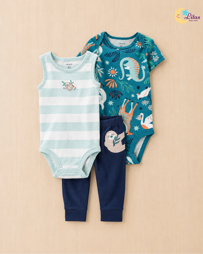 🦥 Carter’s Baby Boy 3-Piece "Jungle Sloth" Set – Teal & Navy