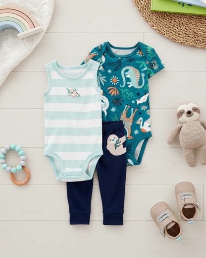 🦥 Carter’s Baby Boy 3-Piece "Jungle Sloth" Set – Teal & Navy