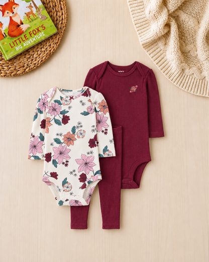 🌸 Carter’s Baby Girl 3-Piece "Blossom & Bow" Pointelle Set – Plum & Ivory