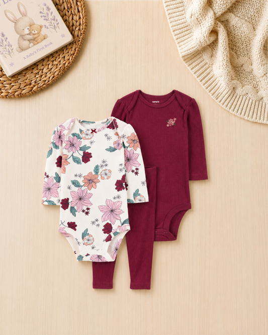 🌸Original Carter’s Baby Girl 3-Piece "Blossom & Bow" Pointelle Set – Plum & Ivory