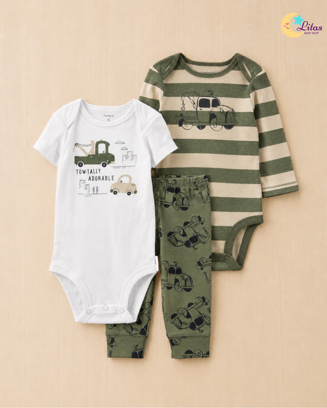 🚜 Carter’s Baby Boy 3-Piece Short & Long-Sleeve Bodysuits & Pants Set – Green Tow Truck