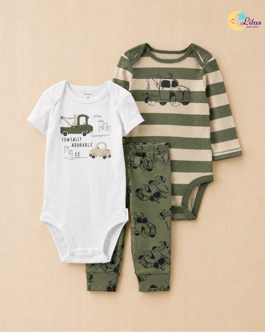 🚜 Carter’s Baby Boy 3-Piece Short & Long-Sleeve Bodysuits & Pants Set – Green Tow Truck