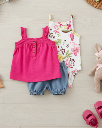 🌺 Carter’s Baby Girl 3-Piece Tropical Floral Summer Set – Magenta & Denim