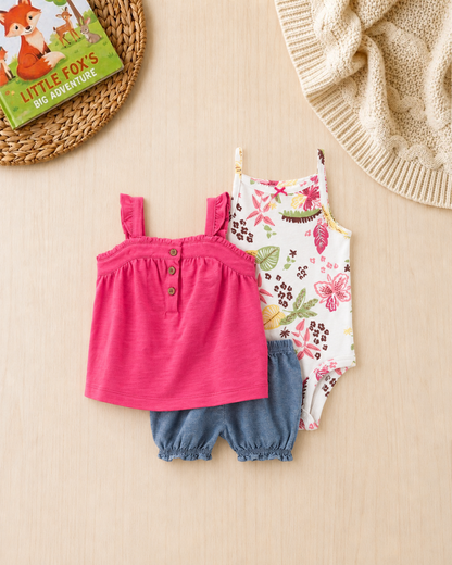 🌺Original Carter’s Baby Girl 3-Piece Tropical Floral Summer Set – Magenta & Denim