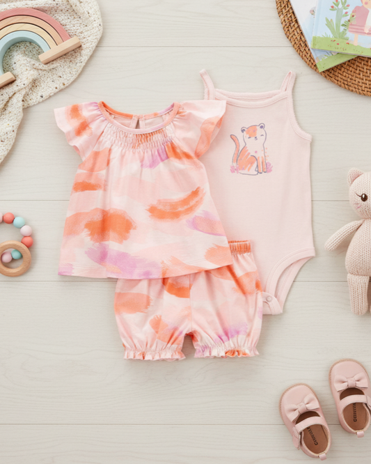 🌸 Carter’s Baby Girl 3-Piece "Sweet Cheetah" Summer Set – Pink & Peach