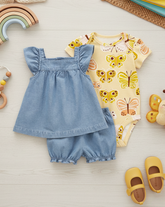 🦋 Carter’s Baby Girl 3-Piece Butterfly Garden Denim Set – Yellow & Indigo