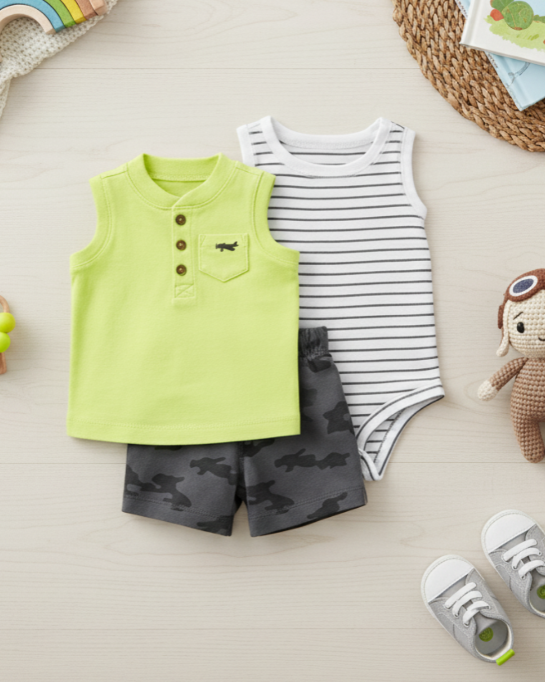 ✈️ Carter’s Baby Boy 3-Piece Aviation Summer Set – Lime, Grey & Camo