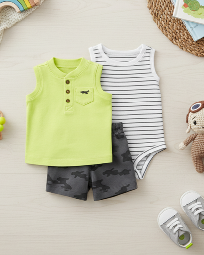 ✈️ Carter’s Baby Boy 3-Piece Aviation Summer Set – Lime, Grey & Camo