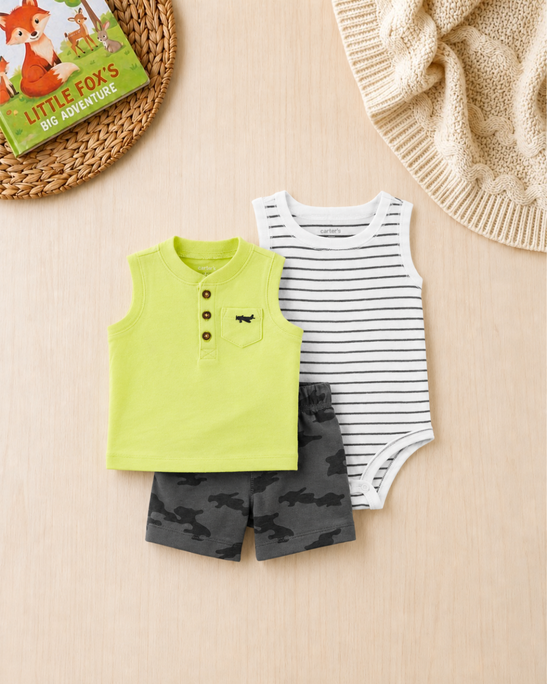 ✈️Original Carter’s Baby Boy 3-Piece Aviation Summer Set – Lime, Grey & Camo