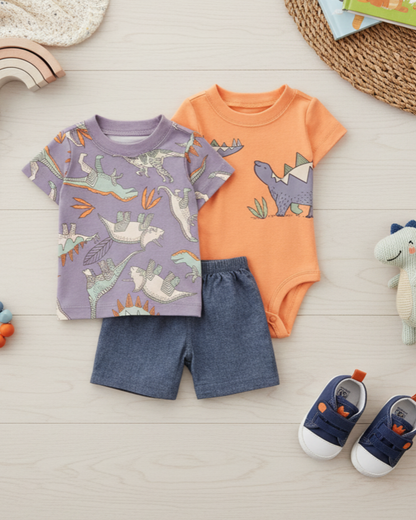 🦖 Carter’s Baby Boy 3-Piece "Dino Discovery" Summer Set – Grey & Orange