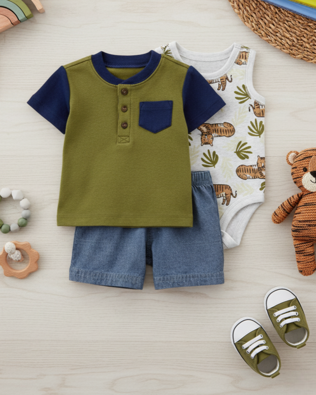 🐯 Carter’s Baby Boy 3-Piece Safari Explorer Summer Set – Olive, Navy & Tigers