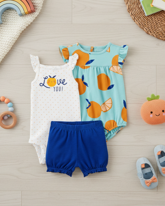 🍊 Carter’s Baby Girl 3-Piece "Sweet Orange" Summer Set – Teal & Royal Blue