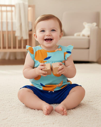 🍊 Carter’s Baby Girl 3-Piece "Sweet Orange" Summer Set – Teal & Royal Blue