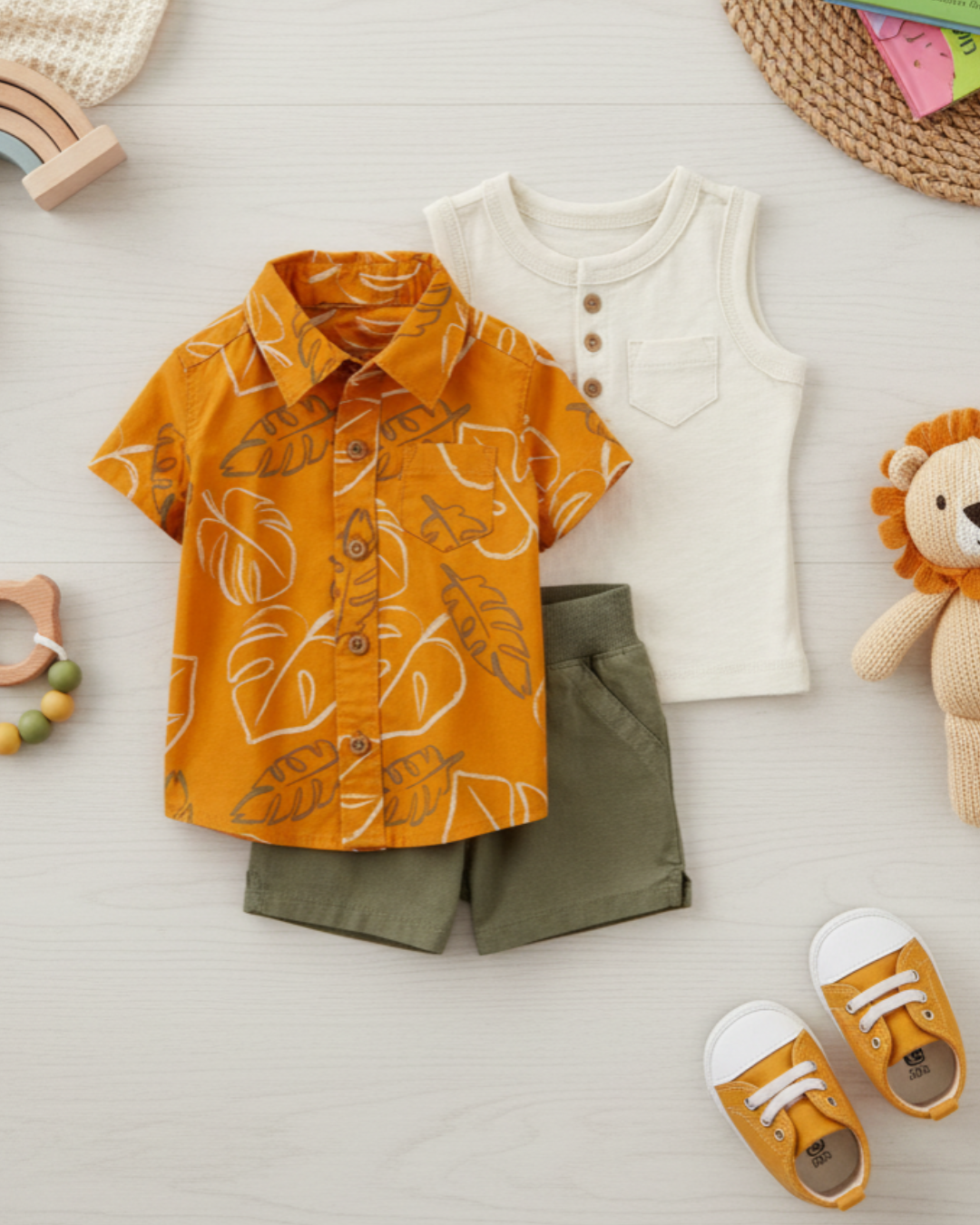 🌴 Carter’s Baby Boy 3-Piece "Island Resort" Set – Mustard & Olive