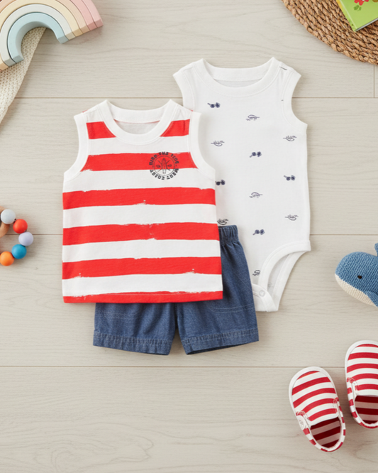 ⚓ Carter’s Baby Boy 3-Piece Surf & Stripes Summer Set – Red, White & Denim