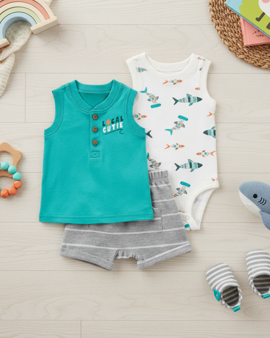 🦈 Carter’s Baby Boy 3-Piece "Local Cutie" Summer Set – Teal & Tribal Sharks