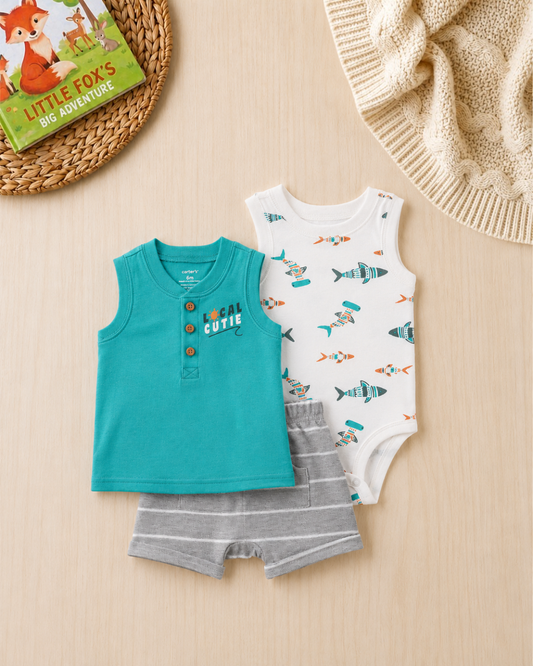 🦈Original Carter’s Baby Boy 3-Piece "Local Cutie" Summer Set – Teal & Tribal Sharks