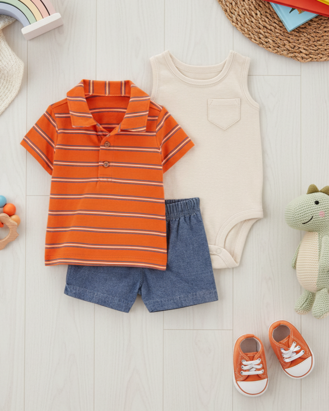 🍊 Carter’s Baby Boy 3-Piece "Preppy Summer" Set – Sunset Orange & Denim