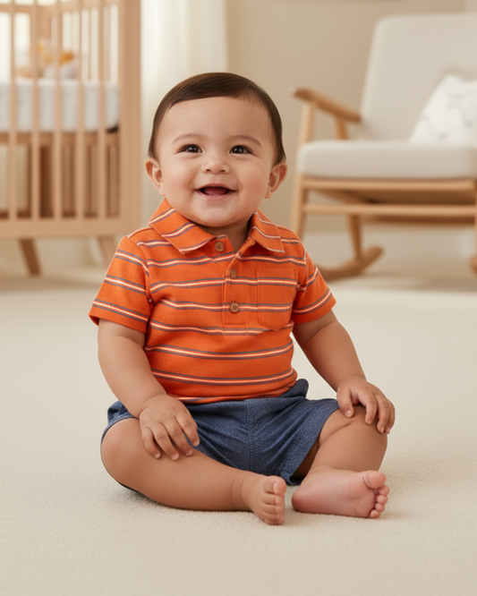 🍊 Carter’s Baby Boy 3-Piece "Preppy Summer" Set – Sunset Orange & Denim