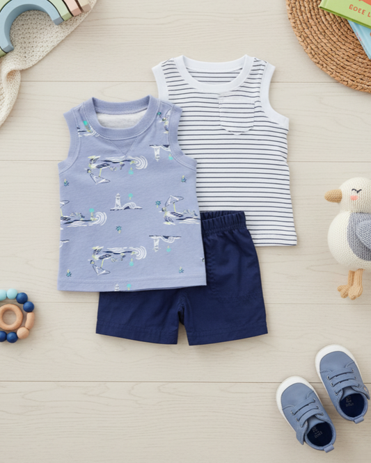 🏖️ Carter’s Baby Boy 3-Piece Beach Days Summer Set – Periwinkle & Navy