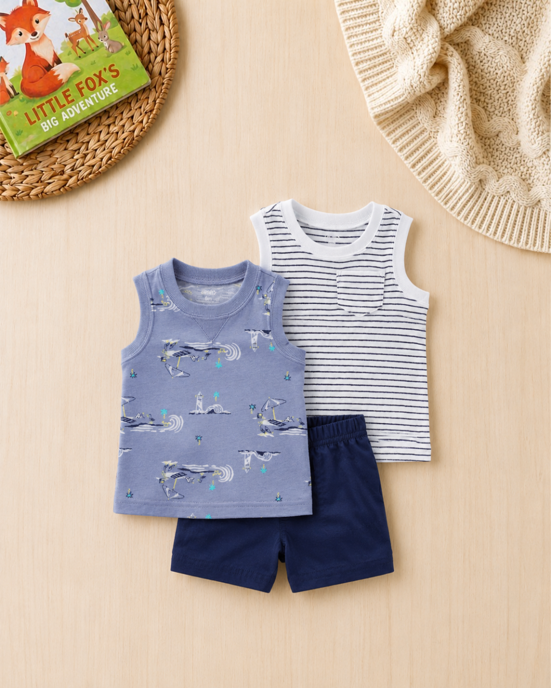 🏖️Original Carter’s Baby Boy 3-Piece Beach Days Summer Set – Periwinkle & Navy