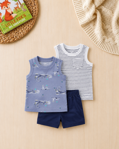 🏖️Original Carter’s Baby Boy 3-Piece Beach Days Summer Set – Periwinkle & Navy