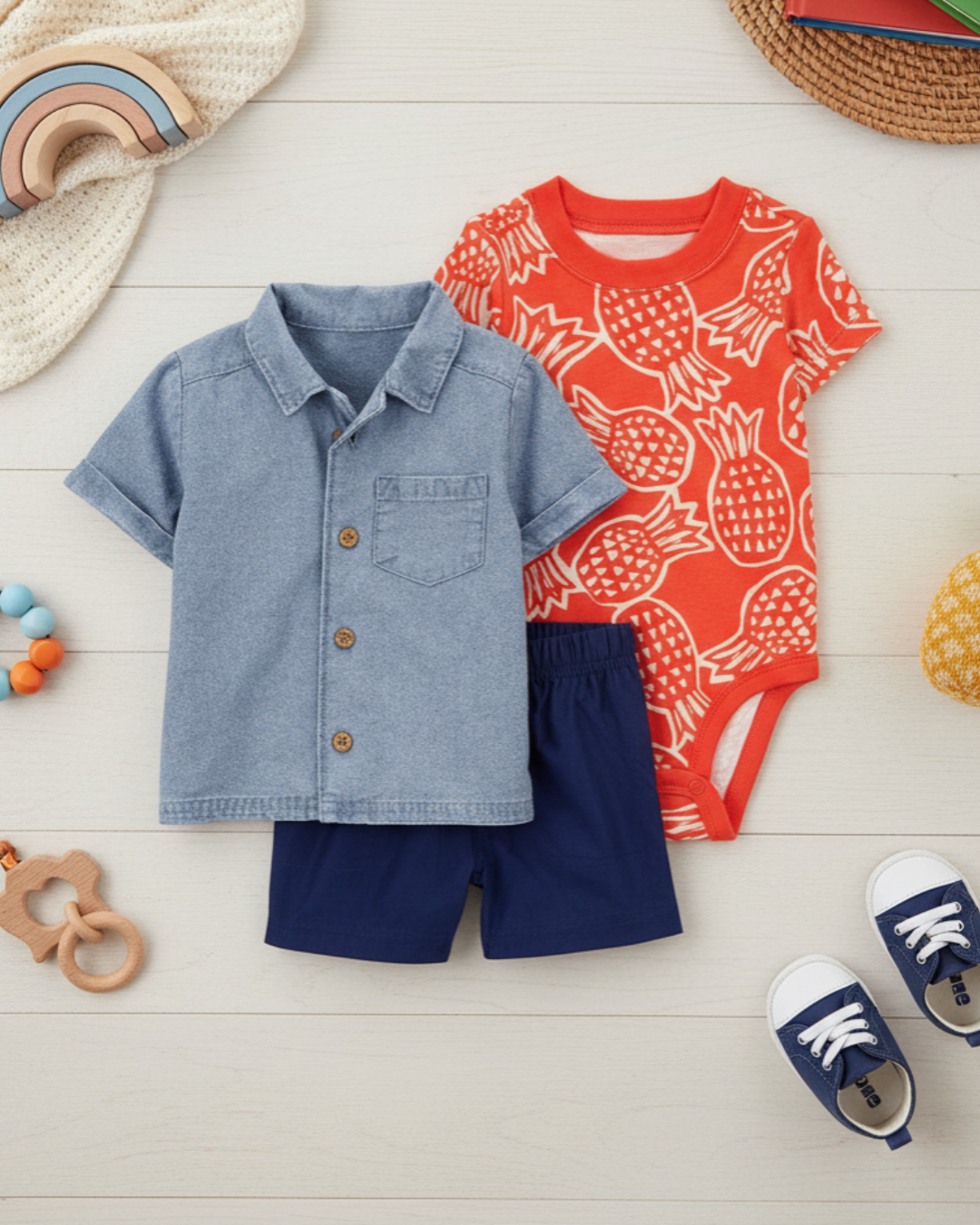 🍍 Carter’s Baby Boy 3-Piece "Tropical Punch" Summer Set – Denim & Coral-Orange