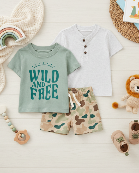 🌿 Carter’s Baby Boy 3-Piece "Wild and Free" Summer Set – Sage, Grey & Camo