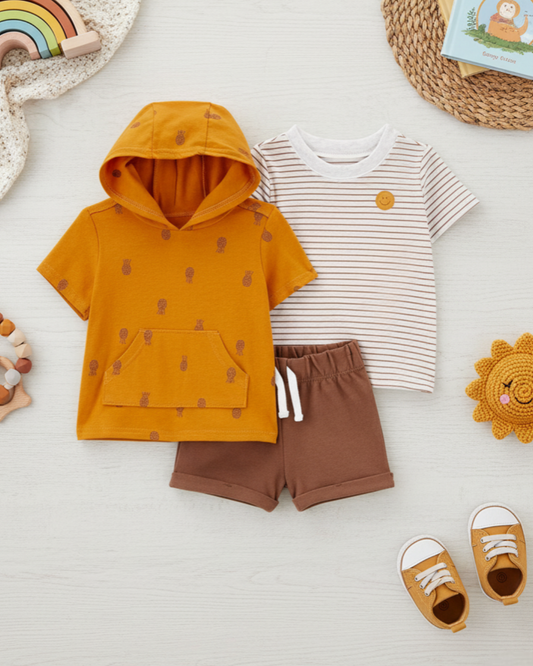 🍍 Carter’s Baby Boy 3-Piece "Golden Vibes" Summer Set – Ochre & Chocolate