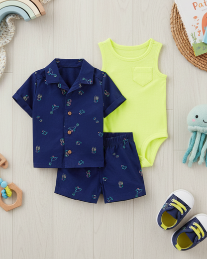 🌊 Carter’s Baby Boy 3-Piece "Neon Ocean" Summer Set – Navy & Lime Green
