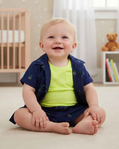 🌊 Carter’s Baby Boy 3-Piece "Neon Ocean" Summer Set – Navy & Lime Green
