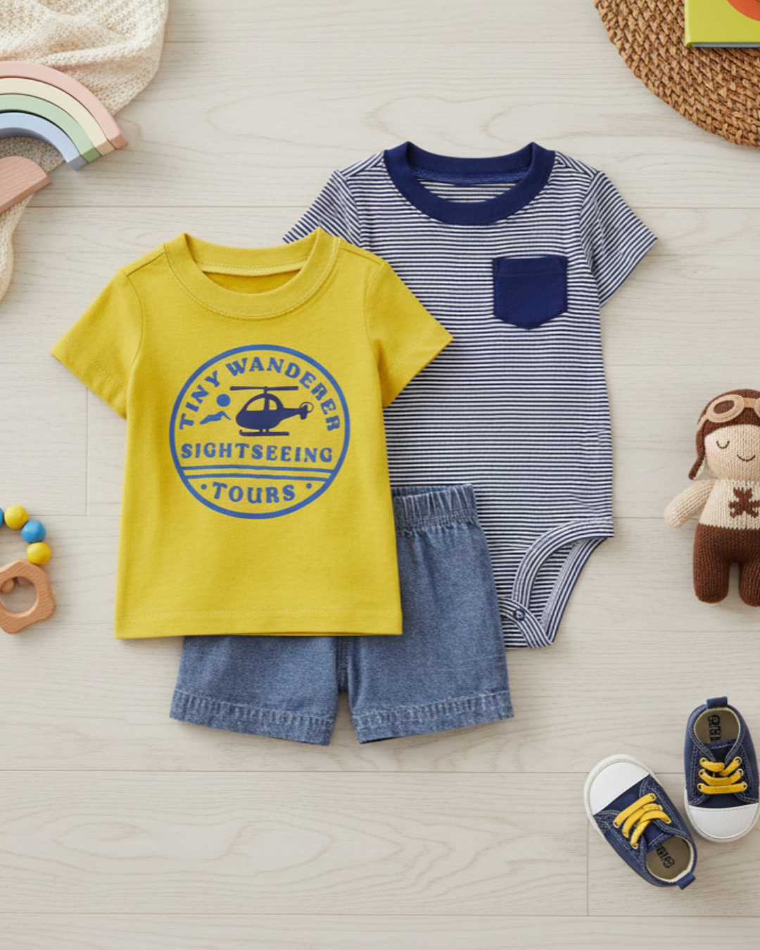 🚁 Carter’s Baby Boy 3-Piece "Tiny Wanderer" Summer Set – Mustard & Navy