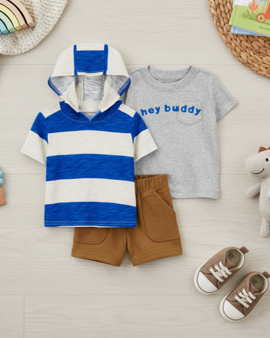 💙 Carter’s Baby Boy 3-Piece "Hey Buddy" Summer Set – Royal Blue & Camel