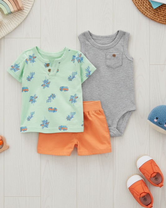 🚐 Carter’s Baby Boy 3-Piece Retro Surf Summer Set – Mint, Grey & Orange