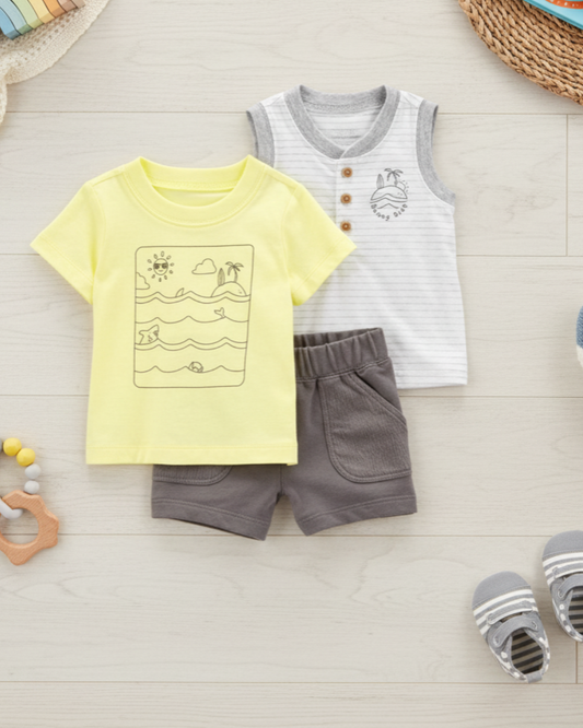 ☀️ Carter’s Baby Boy 3-Piece "Sunny Side" Summer Set – Yellow & Grey