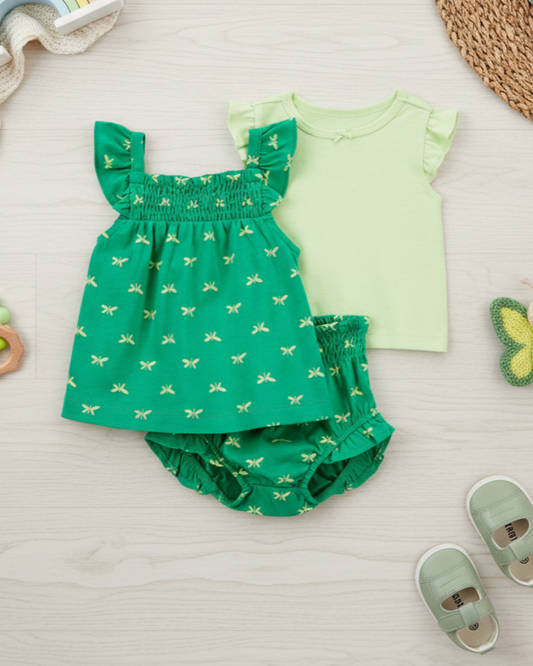 🦋 Carter’s Baby Girl 3-Piece "Garden Flutter" Summer Set – Emerald & Lime