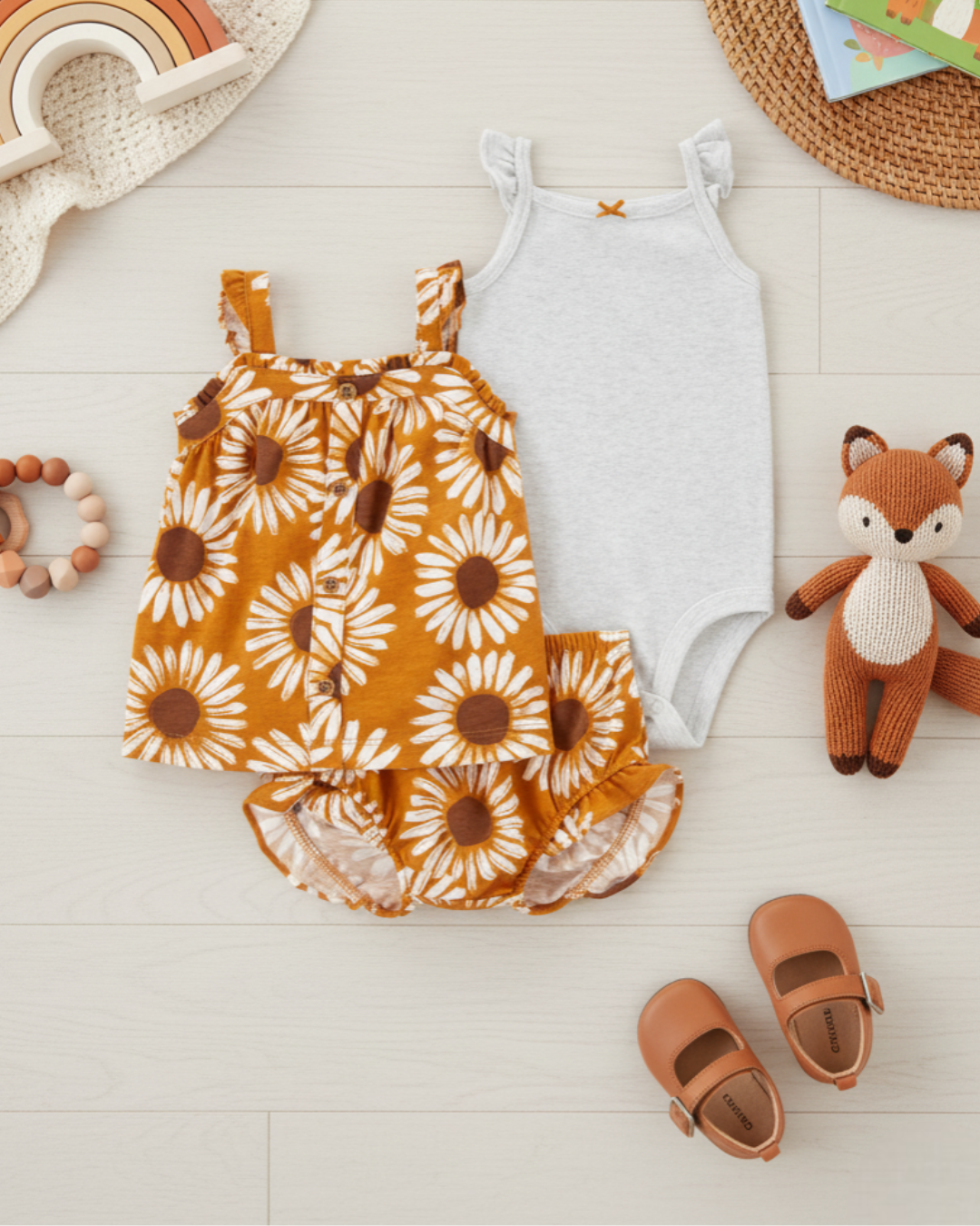 🌻 Carter’s Baby Girl 3-Piece "Golden Daisy" Summer Set – Ochre & Heather Grey