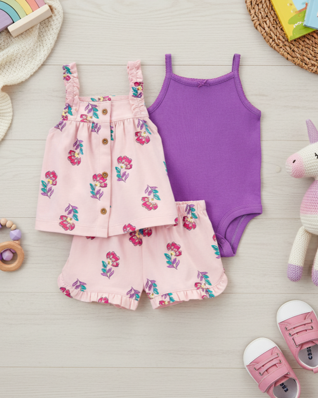 🌸 Carter’s Baby Girl 3-Piece Floral Fields Summer Set – Pink & Purple