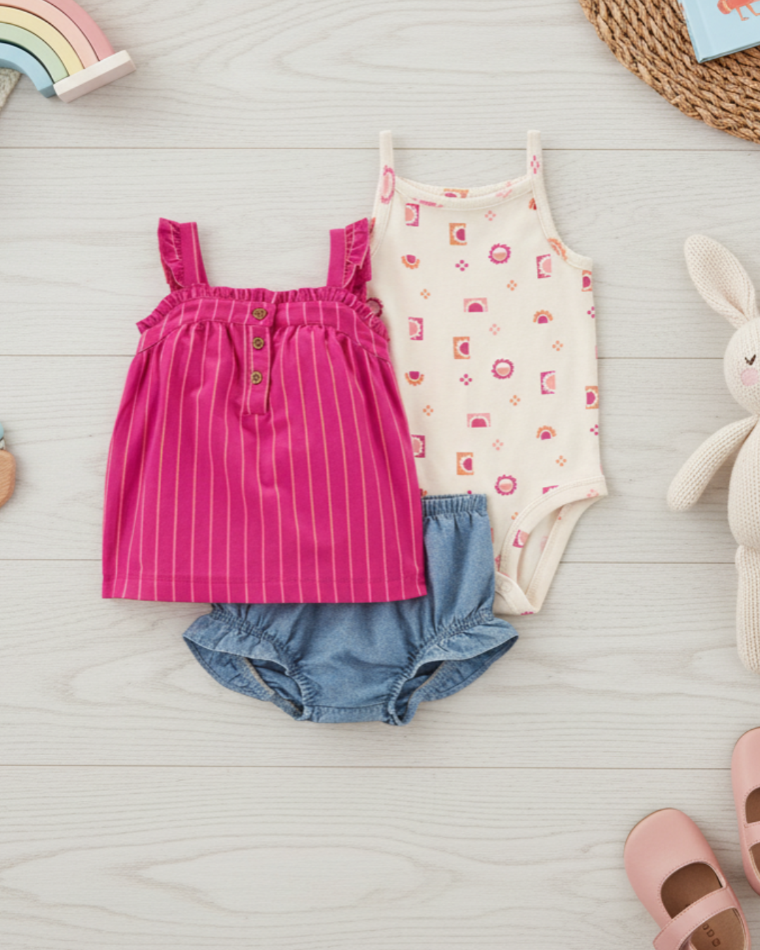 ☀️ Carter’s Baby Girl 3-Piece Sunny Days Summer Set – Magenta Stripes & Denim