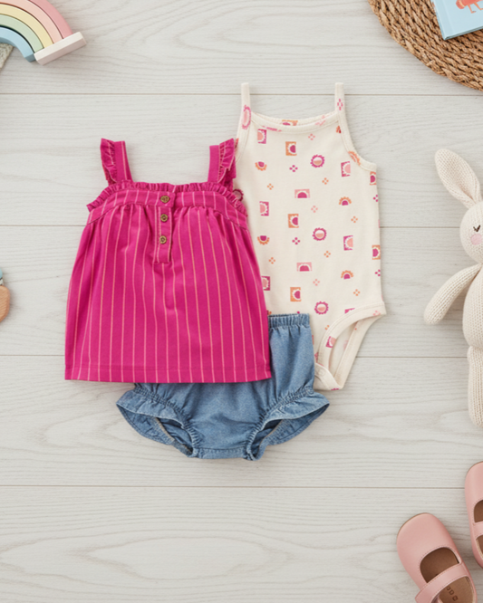 ☀️ Carter’s Baby Girl 3-Piece Sunny Days Summer Set – Magenta Stripes & Denim