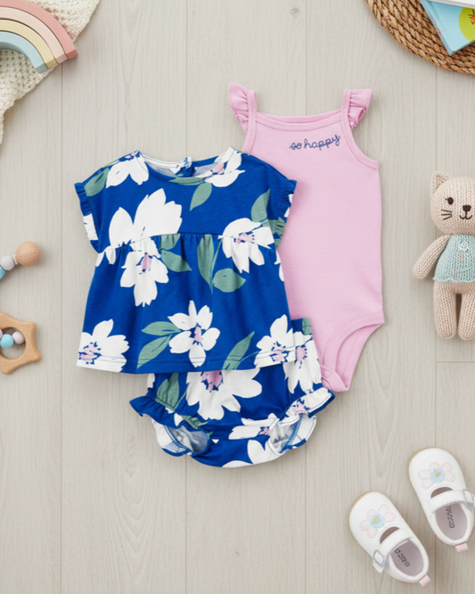 🌸 Carter’s Baby Boy 3-Piece "So Happy" Summer Set – Royal Blue Floral & Pink